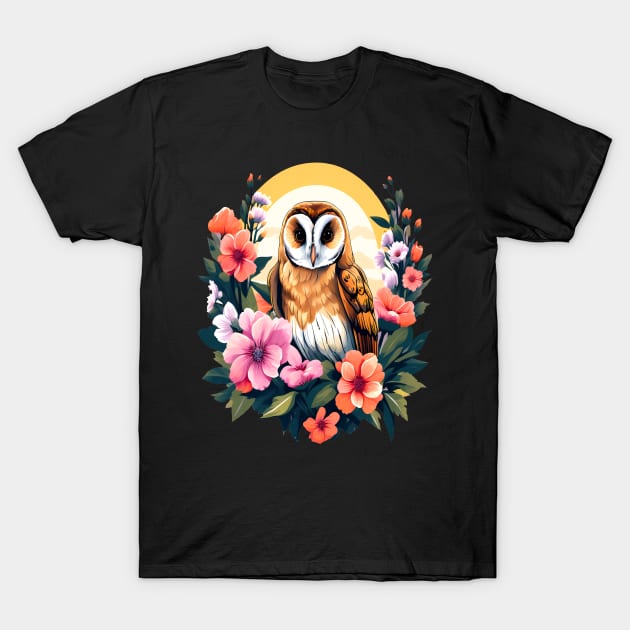 Cute European Barn Owl Surrounded by Bold Vibrant Spring Flowers T-Shirt by BirdsnStuff